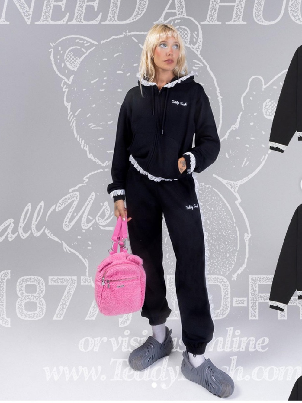 Teddy Fresh Black Lace Trim Lounge Set 
Hooded jacket and Sweatpants Size Small